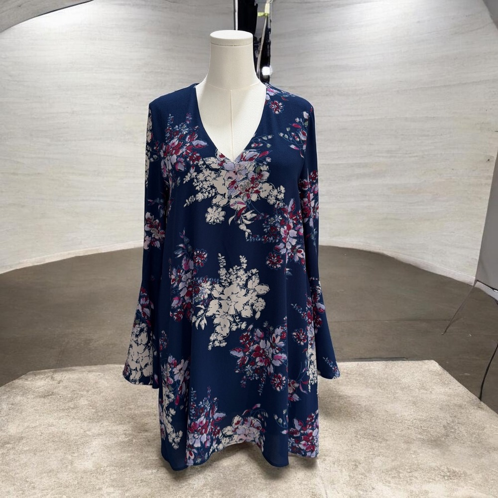 Navy Floral Boho‎ Long Sleeve V Neck Dress Womens SZ M Casual Chic Spring Summer
